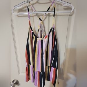 LOFT Multi-color/Striped Linen Tank with Ruffle, size S.